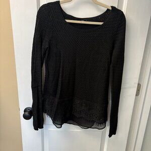 LUCKY BRAND Basket Weave Knit Lace & Chiffon Layered Hem Sweater